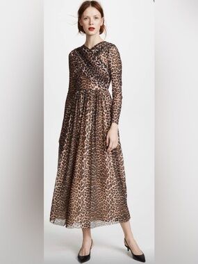 Ganni Leopard Print Mesh Midi Dress Size 36 US 4 Long Sleeve Ruched